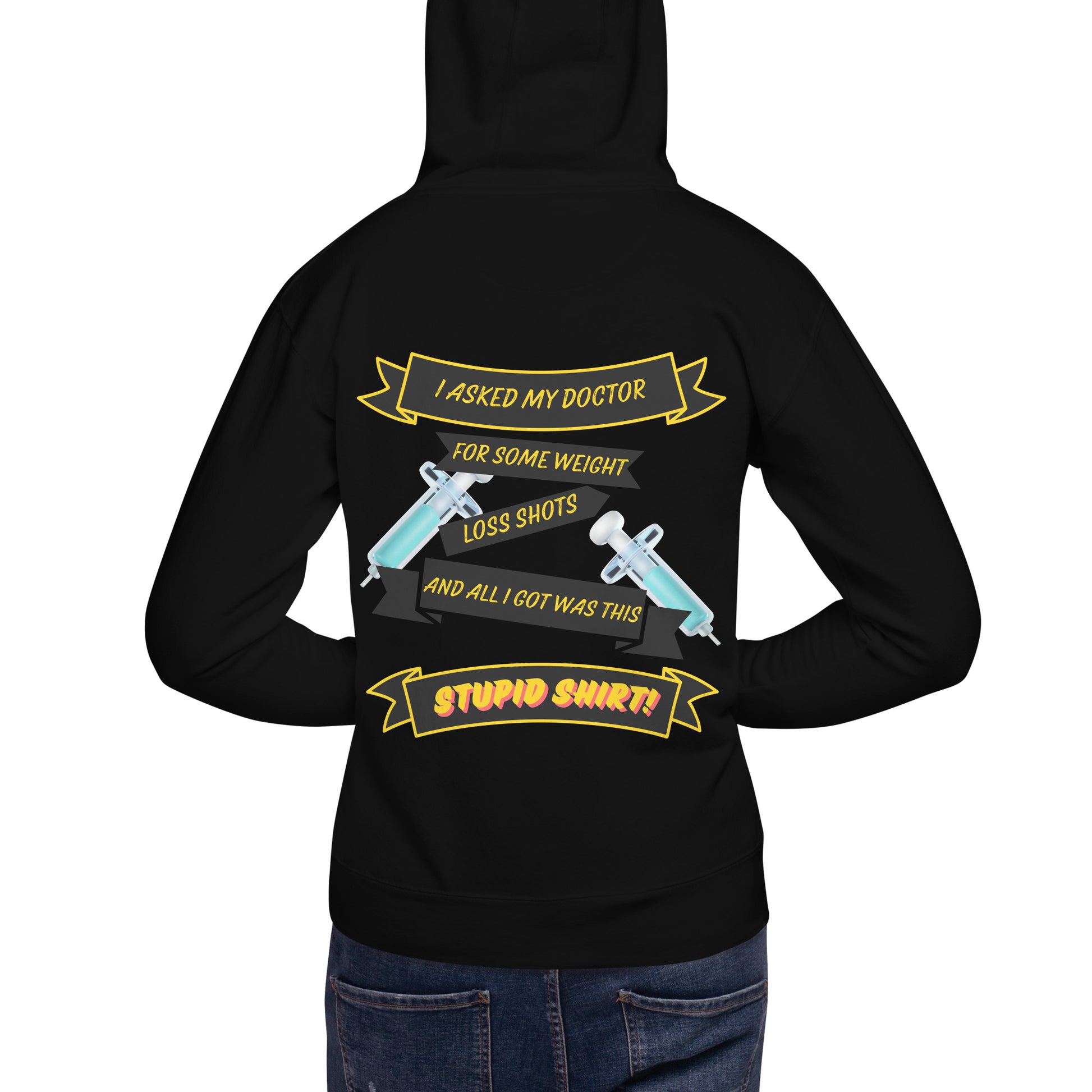 a woman wearing a black hoodie with guns on it