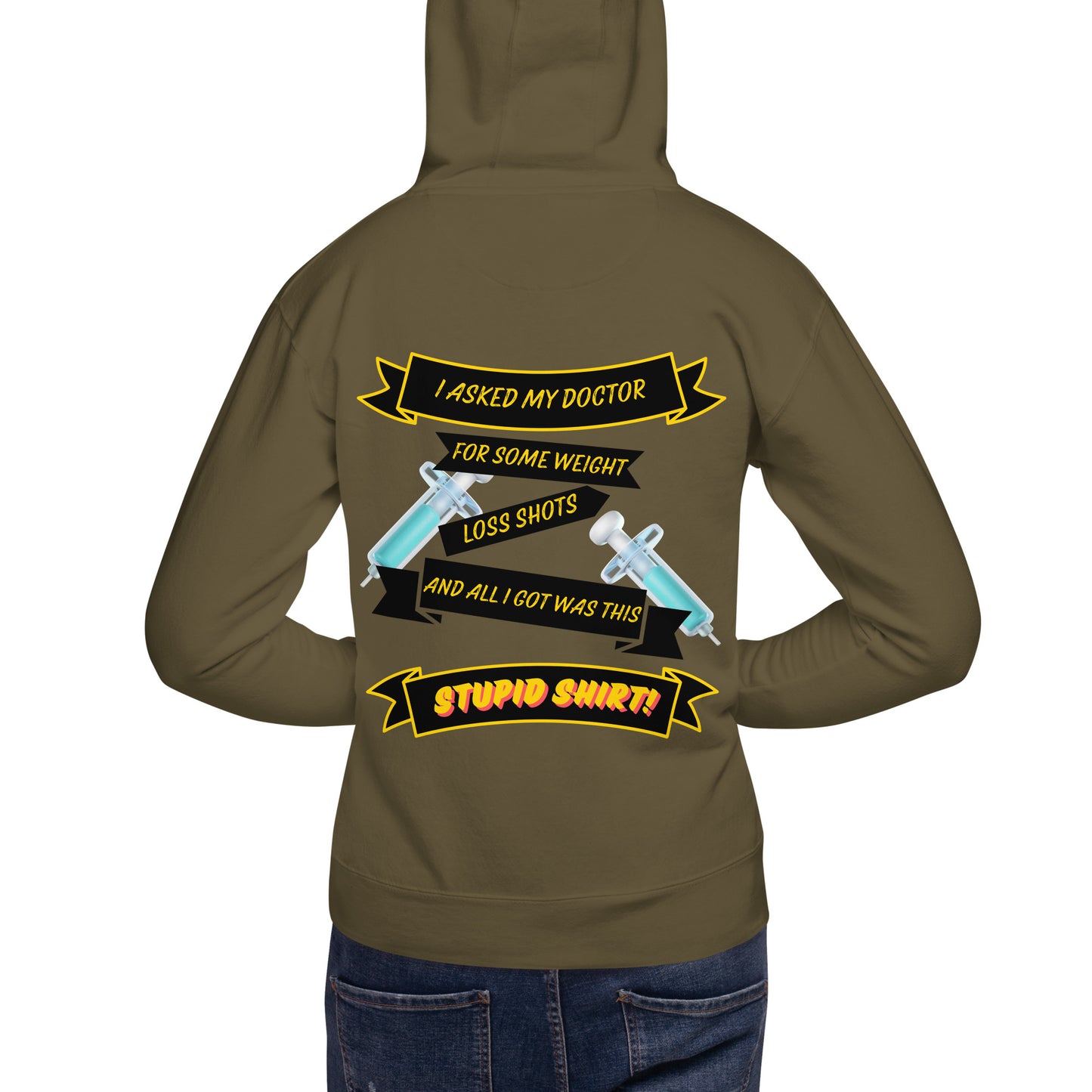 a woman wearing a brown hoodie with guns on it